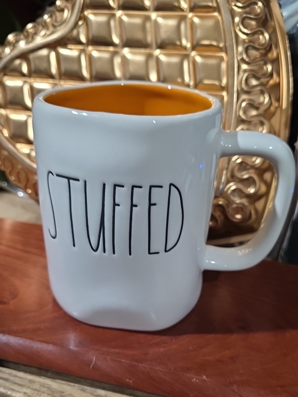 Rae Dunn White Mug with Orange Interior - 'STUFFED' Lettering